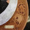 Light weight Lady's Wade Saddle with horse figure and floral tooling with hand painted dyed background all dallied in a Vaquero Lace border